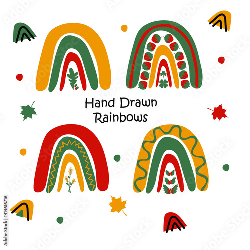 Cute rainbow in the Scandinavian style. Boho style. Use for printing on fabrics and wallpapers, postcards, scrapbooks, stickers. Vector over white background.