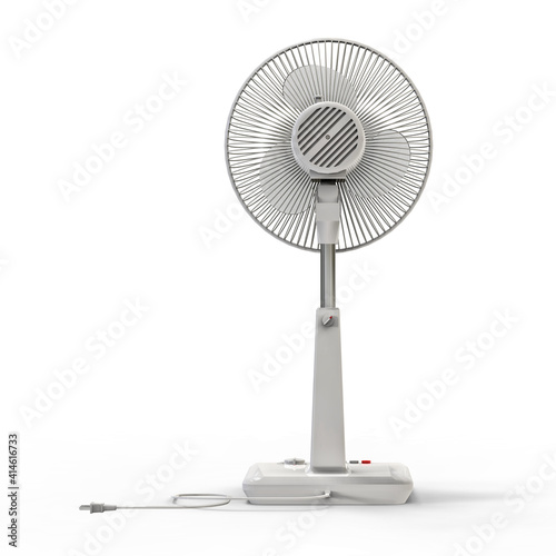 White electric fan. Three-dimensional model on a white background. Fan with control buttons on the stand. A simple device for air ventilation. 3d illustration.