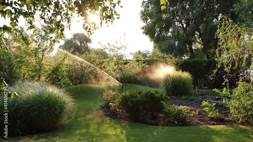 Landscape automatic garden watering system with different sprinklers installed under turf. Landscape design with lawn hills and fruit garden irrigated with smart autonomous sprayers at sunset time