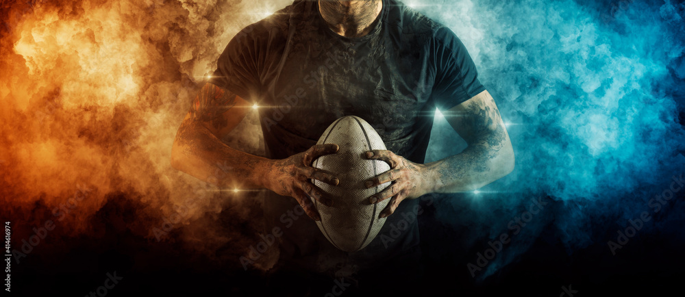 Man rugby player. Sports banner - obrazy, fototapety, plakaty 