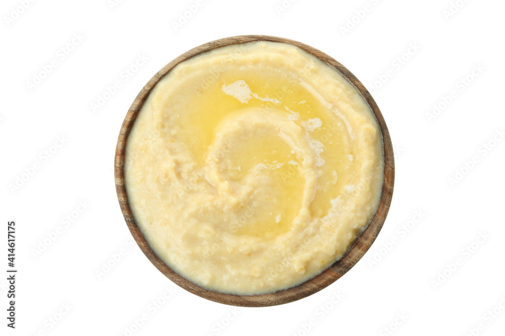 Wooden bowl of hummus isolated on white background Wooden bowl of hummus isolated on white background