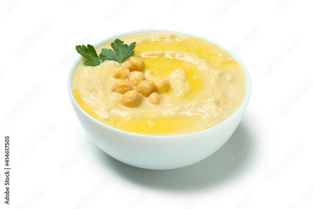 Bowl of fresh hummus isolated on white background Bowl of fresh hummus isolated on white background
