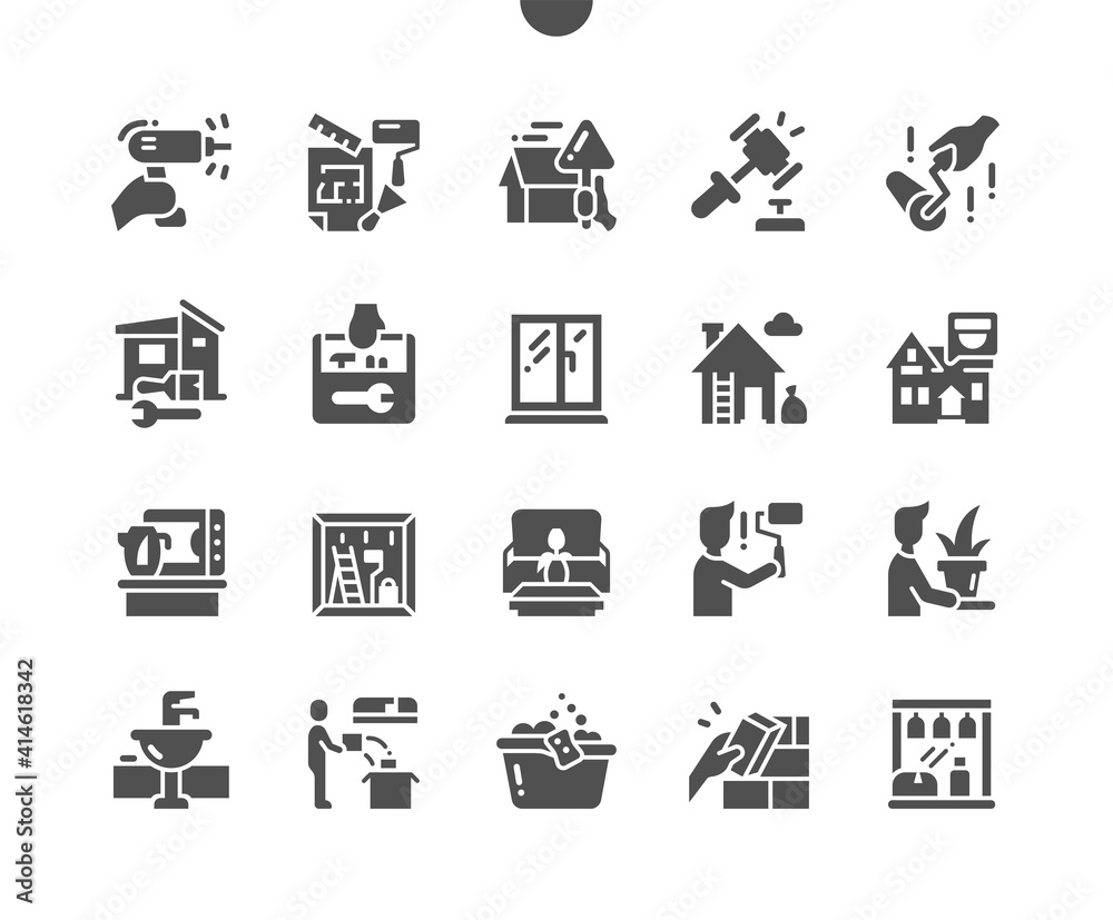 Home improvement. Household appliances. Decor and comfort. Architecture and building. Renovating the house. Vector Solid Icons. Simple Pictogram