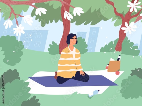 Modern young woman in lotus posture meditating and exercising yoga in park. Relaxed female character practicing mindfulness or vipassana meditation in nature. Colored flat vector illustration