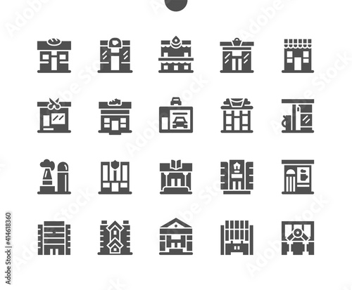 Commercial buildings. City, house, architecture, skyscraper, downtown and apartment. Real estate. Cafe, pizza house, shop, hostel and bank. Vector Solid Icons. Simple Pictogram