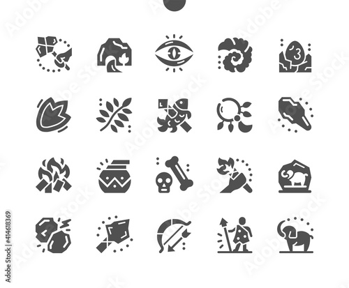Prehistoric. Stone cave, mammoth, torch and dinosaurs. Evolution era. Fishing with spear. Prehistoric tableware. Vector Solid Icons. Simple Pictogram