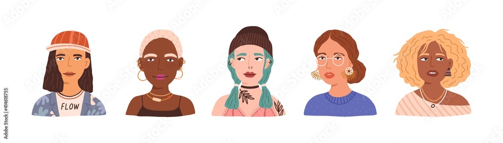 Portraits of different young modern women and girls with various hairstyles and accessories. Set of stylish and fashion female avatars isolated on white background. Colorful flat vector illustration Portraits of different young modern women and girls with various hairstyles and accessories. Set of stylish and fashion female avatars isolated on white background. Colorful flat vector illustration