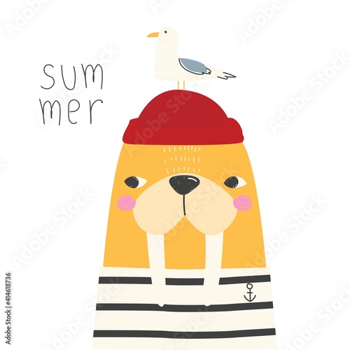 cute yellow walrus and sea gull on white background. Vector illustration for printing on packaging paper fabric, postcards, posters, banners. Cute baby background