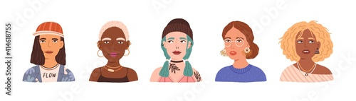 Portraits of different young modern women and girls with various hairstyles and accessories. Set of stylish and fashion female avatars isolated on white background. Colorful flat vector illustration