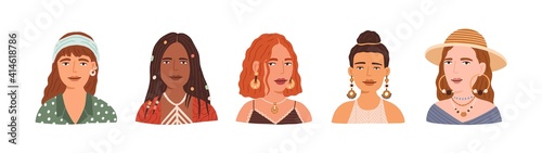 Portraits of different young modern women with various hairstyles wearing headband, hat and earrings. Set of stylish and fashion female avatars isolated on white background. Flat vector illustration