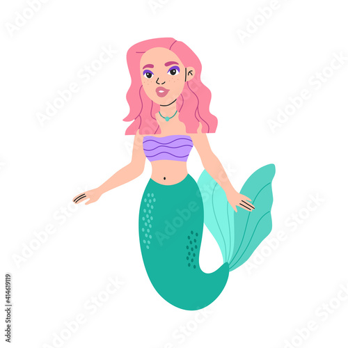 Cute little mermaid, magical funny princess character for kids, hand drawn pretty girl with pink hair and green tail in flat cartoon style, modern trendy illustration isolated on white background