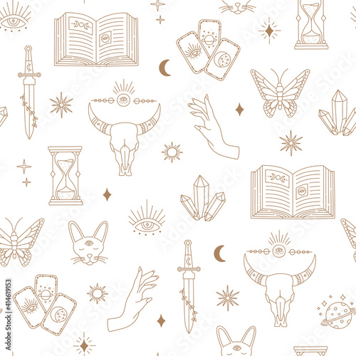 Boho magical seamless pattern, witchcraft objects moon, eye, hands,  sun, gold simple line, bohemian mystic symbols and elements on white background. Modern trendy vector illustration in doodle style