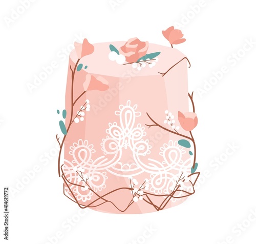 Wedding or birthday dessert decorated with rose flowers and snowberries, leav...