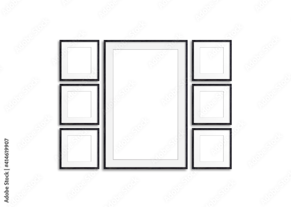 Photo frames set isolated on white background, seven realistic frameworks collage, interior decor mock up