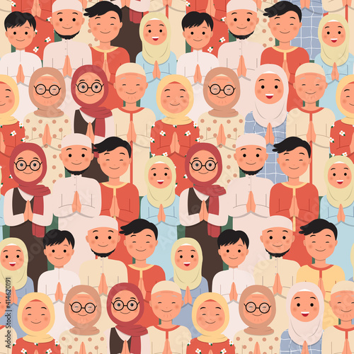 Seamless pattern group of Muslim people in greeting pose for Islamic holiday celebration. Flat vector cartoon