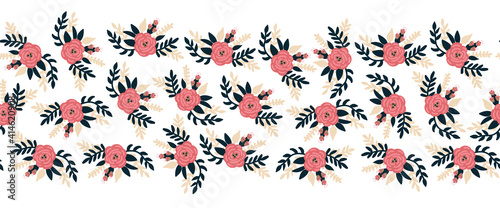 Seamless vector border flat rose flowers pink horizontal. Romantic florals leaves old rose pink color repeating pattern. Peony flowers hand drawn cute illustration for banners  fabric trim  footer .