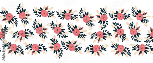 Seamless vector border flat rose flowers pink horizontal. Romantic florals leaves old rose pink color repeating pattern. Peony flowers hand drawn cute illustration for banners, fabric trim, footer .