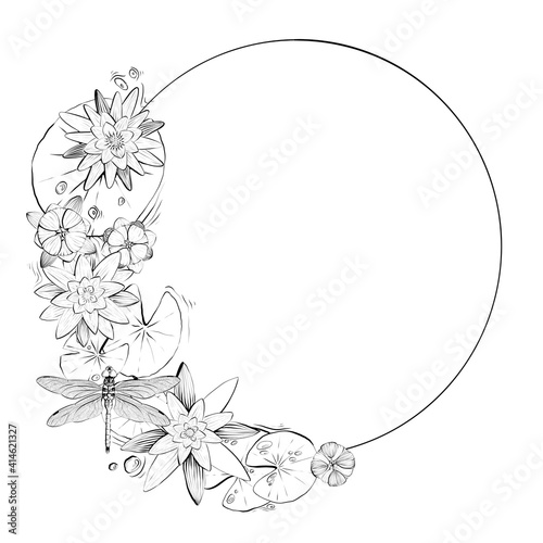 Digital illustration of lily flowers. Frame design. Line art