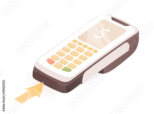 Modern mobile POS terminal isolated on white background. Bank machine for cas...