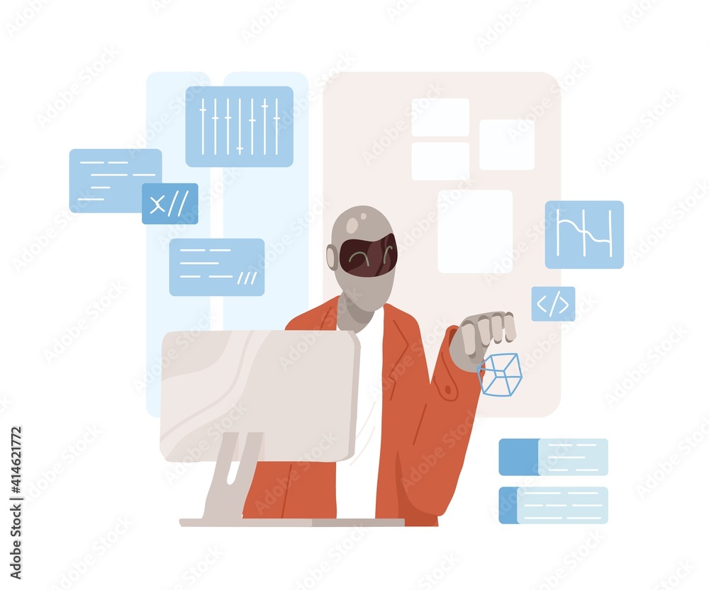 Smart humanoid robot works at computer with a virtual interface in augmented reality. Futuristic artificial intelligence concept. Colored flat vector illustration isolated on white background Smart humanoid robot works at computer with a virtual interface in augmented reality. Futuristic artificial intelligence concept. Colored flat vector illustration isolated on white background
