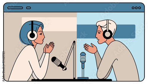 Podcast concept. A podcaster, a blogger with headphones, speaks into a microphone, communicates with a subscriber. Online job interview. Vector line and fill in trendy style