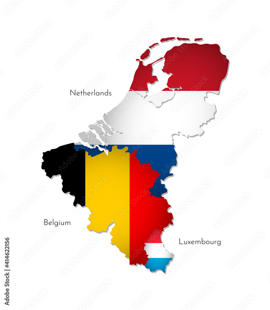 Fototapeta premium Vector illustration with isolated silhouettes of Benelux Union on map (simplified shape). National flags of Belgium, Netherlands, Luxembourg. White background and names of countries
