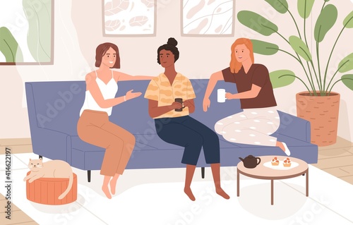 Female friends sitting on comfy sofa, talking and drinking tea. Happy smiling women chatting and relaxing on couch together at cozy home. Colorful flat vector illustration