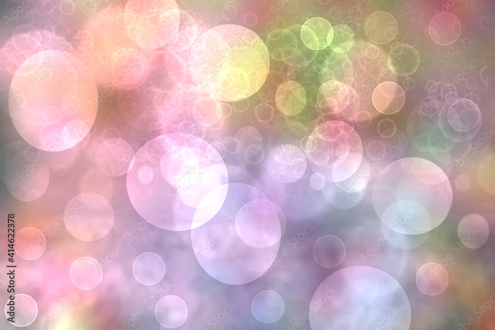 Abstract blurred fresh vivid spring summer light delicate pastel yellow pink orange green bokeh background texture with bright circular soft color lights. Beautiful backdrop illustration.