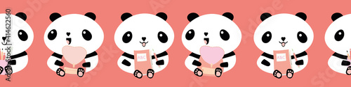 Cute Kawaii vector panda seamless border. Banner of black and white sitting cartoon bears holding backpacks and pencils on pink background . Fun character animal design for back to school concept
