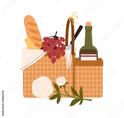 Picnic basket or hamper with delicious meals and snacks for outdoor romantic dinner bottle of wine, baguette, cheese and grapes. Colorful flat vector illustration isolated on white background