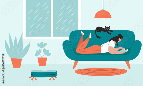 The woman is lying on the couch and reading a book.A robot vacuum cleaner is working nearby.Concept of electronics for home, house cleaning, relaxation, recreation. Vector illustration in flat style