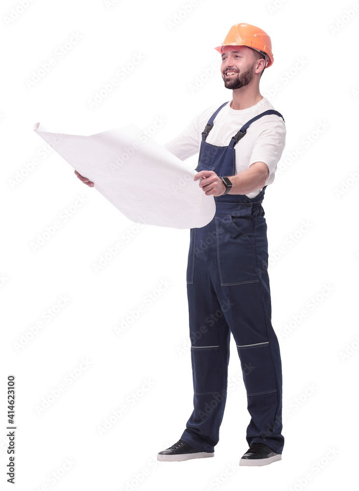 competent foreman Builder looking at drawings. isolated on white competent foreman Builder looking at drawings. isolated on white