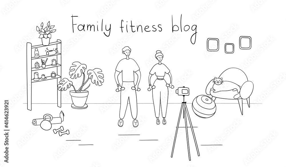 Family fitness blog. Bloggers are recording content for their video blog. Athletes are broadcasting to their subscribers with camera on tripod. Fitness and healthy lifestyle concept. Vector