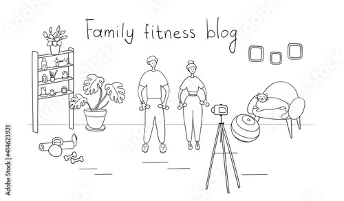 Family fitness blog. Bloggers are recording content for their video blog. Athletes are broadcasting to their subscribers with camera on tripod. Fitness and healthy lifestyle concept. Vector