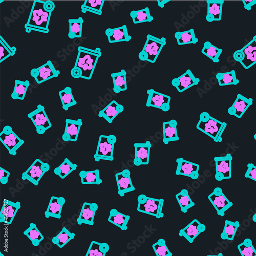Line Recycle bin with recycle symbol icon isolated seamless pattern on black background. Trash can icon. Garbage bin sign. Recycle basket sign. Vector Illustration.