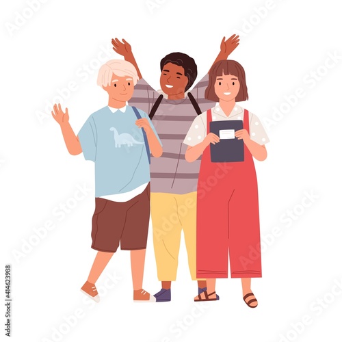 Modern schoolchildren waving hands and saying bye. Diverse joyful kids standing together. Boys and girl happy about elementary school graduation. Flat vector illustration isolated on white background