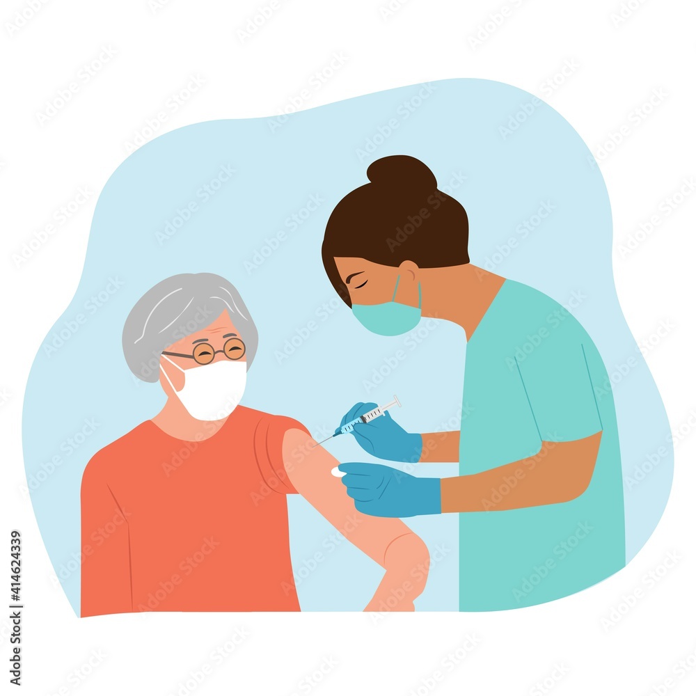 Fototapeta premium Vaccine elderly. Doctor holds an injection vaccination senior. Vaccination concept. Vector illustration.