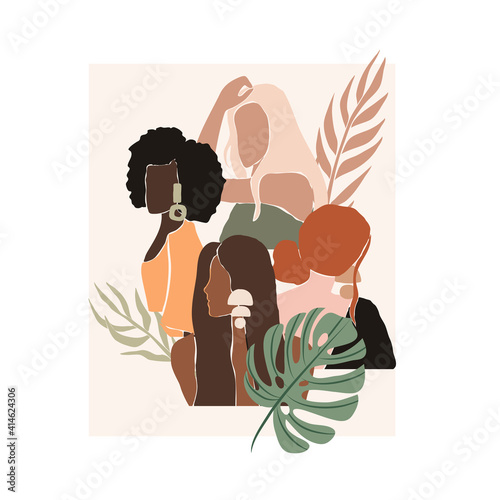 Female shape, silhouette on retro tropical background.
