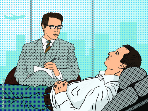 A young man in a white shirt lies on an armchair during a session with a psychoanalyst with his hands folded.
