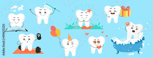 Fototapeta Naklejka Na Ścianę i Meble -  Cute cartoon tooth character for pediatric dentistry. Vector set of illustration of cheerful teeth