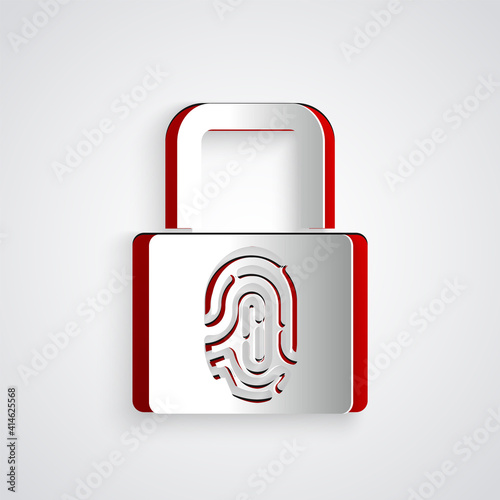 Paper cut Fingerprint with lock icon isolated on grey background. ID app icon. Identification sign. Touch id. Paper art style. Vector.