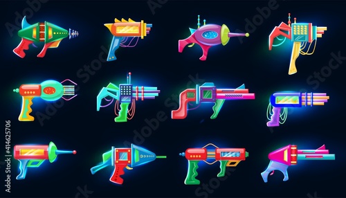 Collection of neon vector cartoon style flat illustration of futuristic colorful blasters glowing in the dark.