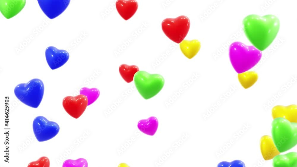 Realistic shallow depth of field looping 3D animation of the falling colorful hearts rendered in UHD with alpha matte