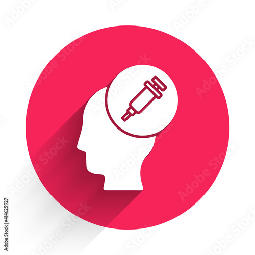 White Addiction to the drug icon isolated with long shadow. Heroin, narcotic, addiction, illegal. Sick junkie with a syringe and medical pills. Red circle button. Vector.