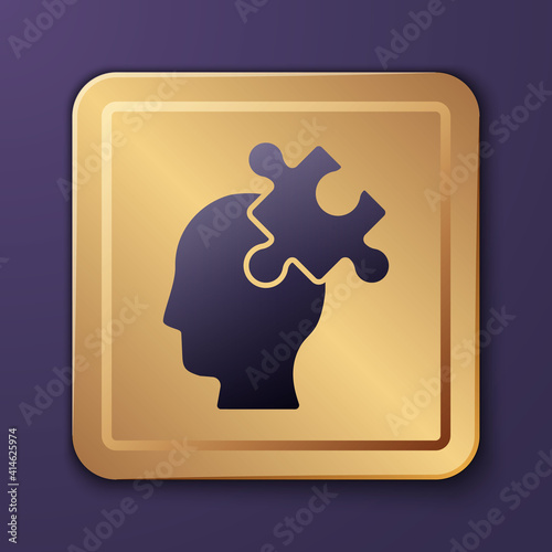 Purple Solution to the problem in psychology icon isolated on purple background. Puzzle. Therapy for mental health. Gold square button. Vector.
