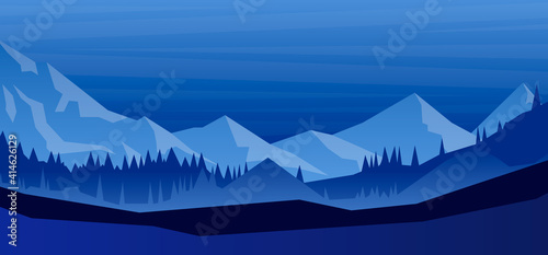 Cartoon mountain landscape with fir trees  in flat style. Design element for poster, card, banner, flyer. Vector illustration