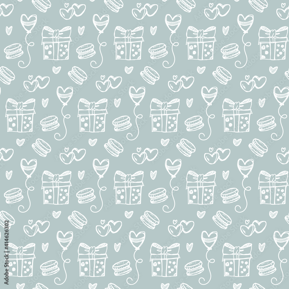 Seamless pattern Valentine's day, hand drawn doodle elements, holiday pastel colors collection