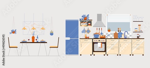 Modern kitchen interior with counter, fridge, sink, oven, stove, utensils, dishes, table. Vector illustration in flat style