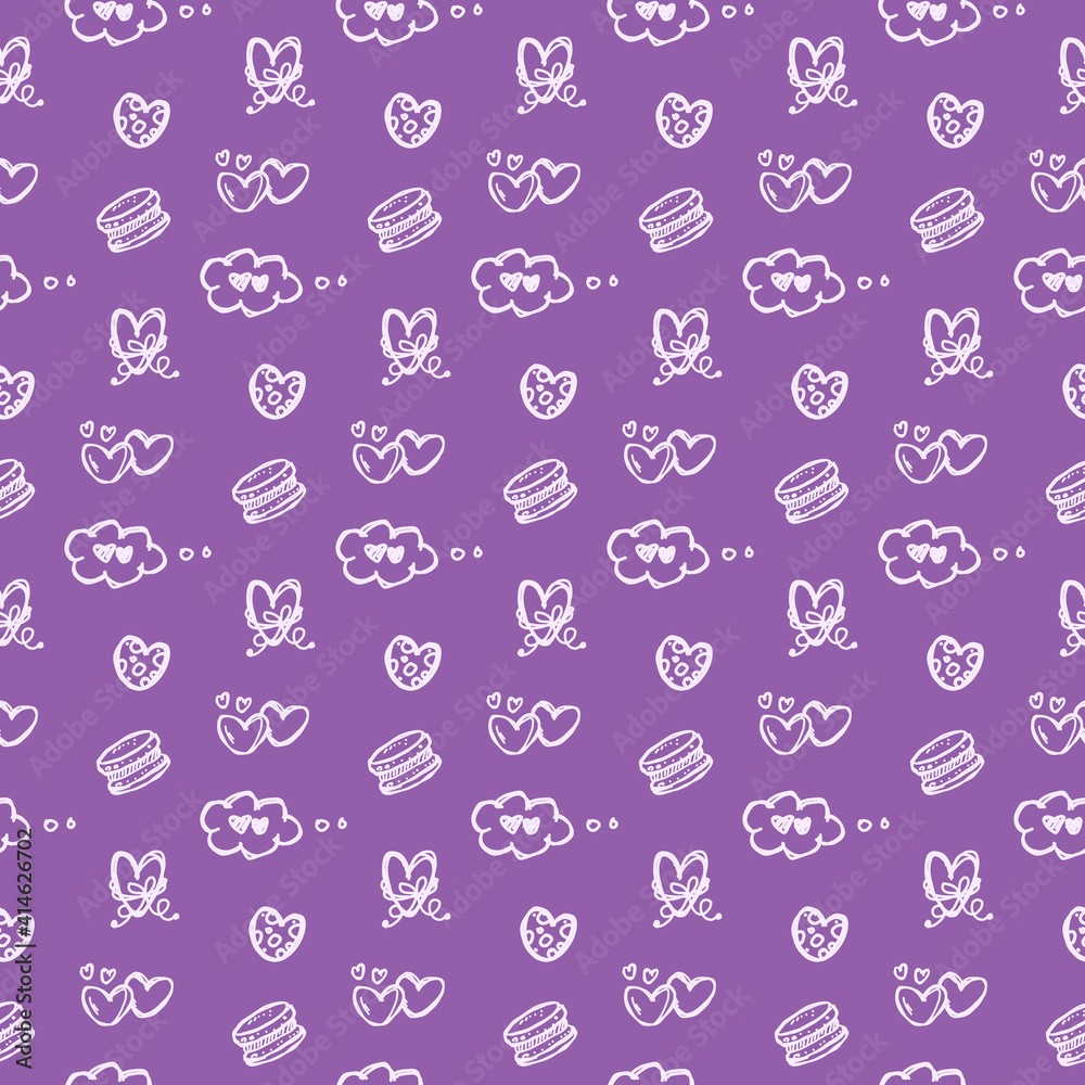 Seamless pattern, hand drawn doodle elements, purple ink collection