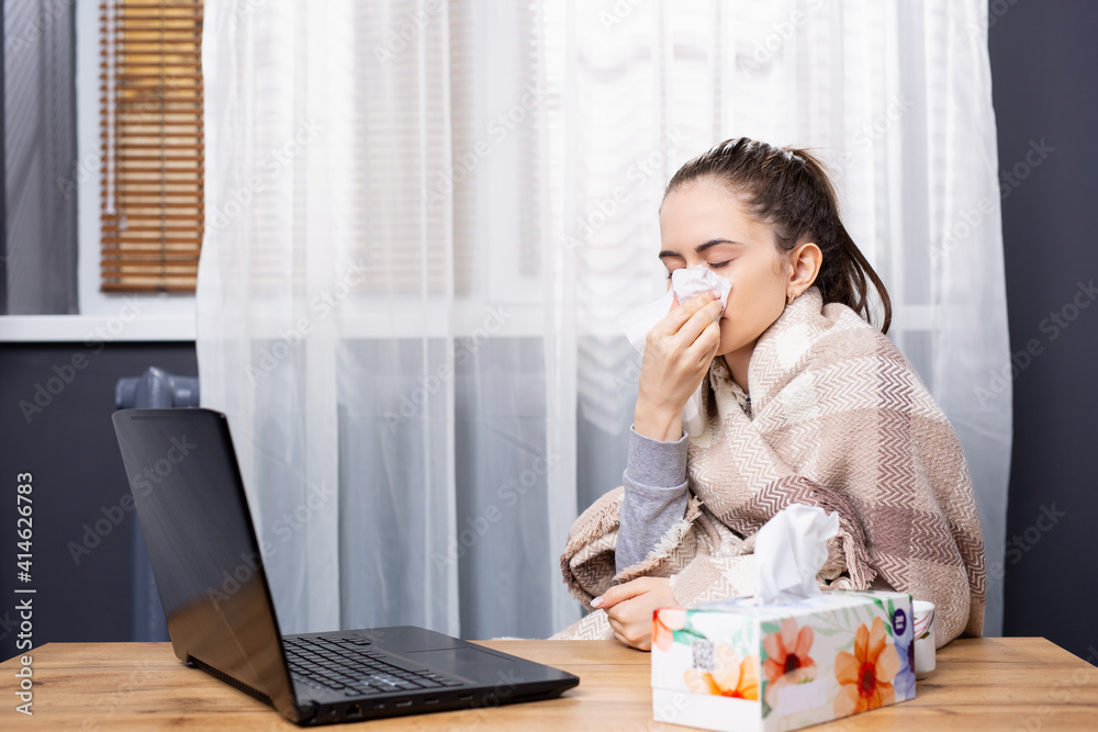 Caucasian ill brunette, young woman stay home and call medical doctor via telemedicine service to ask for medical advise using laptop